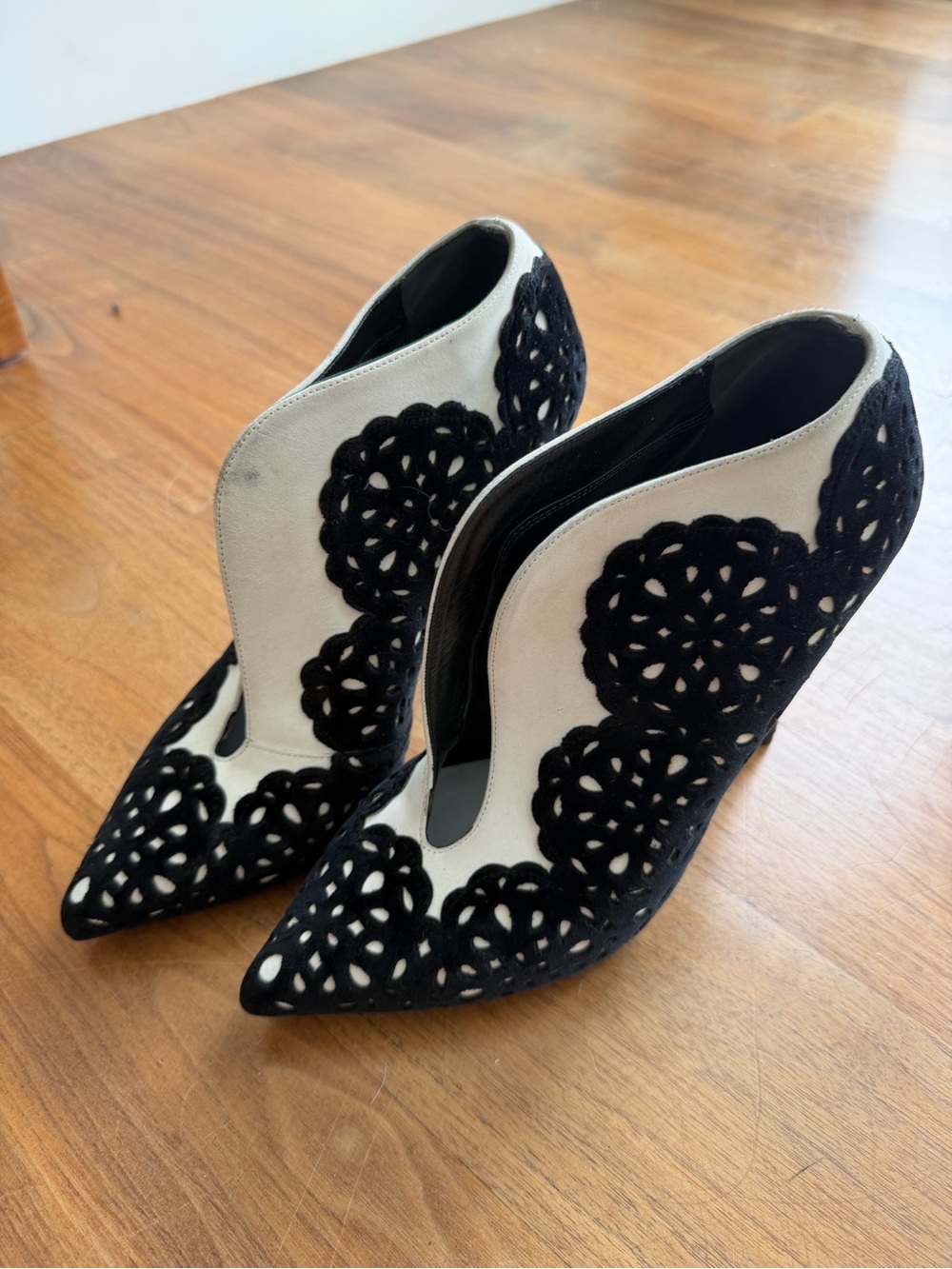 Alexander McQueen Black and White Cutout Suede Pointed Toe Ankle Booties